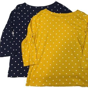 💚 5/$25 Lot 2 St Johns Bay Women XXL Classic Boatneck Top Blue Yellow Polka Dot